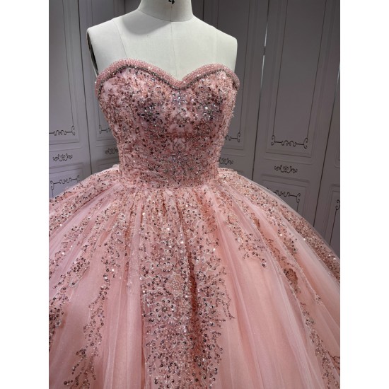 Ruffled Pink Quince Dress Sleeveless Vestidos De 15 Anos Crystal Strapless Sweet 15 Gowns