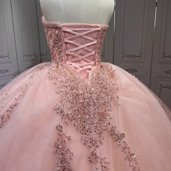 Ruffled Pink Quince Dress Sleeveless Vestidos De 15 Anos Crystal Strapless Sweet 15 Gowns