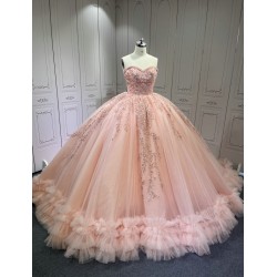 Ruffled Pink Quince Dress Sleeveless Vestidos De 15 Anos Crystal Strapless Sweet 15 Gowns