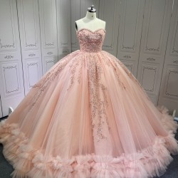 Ruffled Pink Quince Dress Sleeveless Vestidos De 15 Anos Crystal Strapless Sweet 15 Gowns