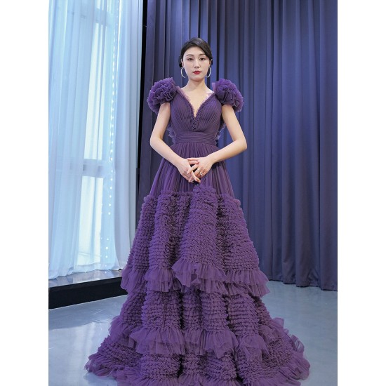 Ruffled A Line Evening Dresses Women Cape Sleeve Prom Gowns Robe De Soiree Fomal Dress