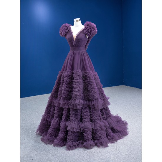 Ruffled A Line Evening Dresses Women Cape Sleeve Prom Gowns Robe De Soiree Fomal Dress