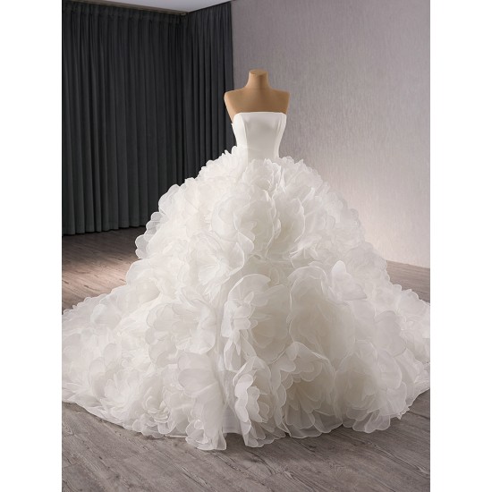 Ruffled Ball Gown Wedding Dress 3D Flowers Backless Lace up Princess Dress Strapless Sleeveless Bride Gown 2024