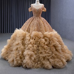 Ruffled Gold Quinceanera Dress Cape Sleeve Vestidos De 15 Anos Scoop Neck Cocktail Dresses