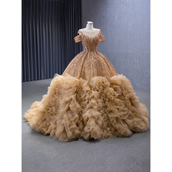 Ruffled Gold Quinceanera Dress Cape Sleeve Vestidos De 15 Anos Scoop Neck Cocktail Dresses