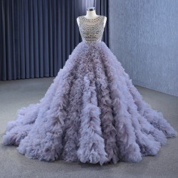 Ruffled Lavender Quinceanera Dresses Sleeveless Ball Gown Crystal Tulle Vintage Evening Party Gown