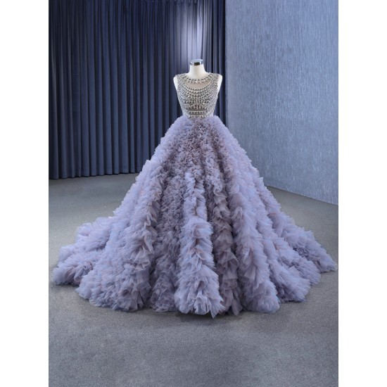 Ruffled Lavender Quinceanera Dresses Sleeveless Ball Gown Crystal Tulle Vintage Evening Party Gown