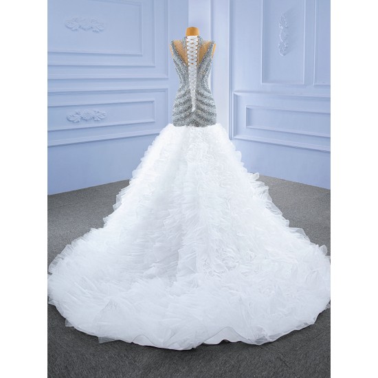 Ruffled Mermaid Bridal Gown High Neck Wedding Dress Crystal Bride Dresses Vestidos De Novia