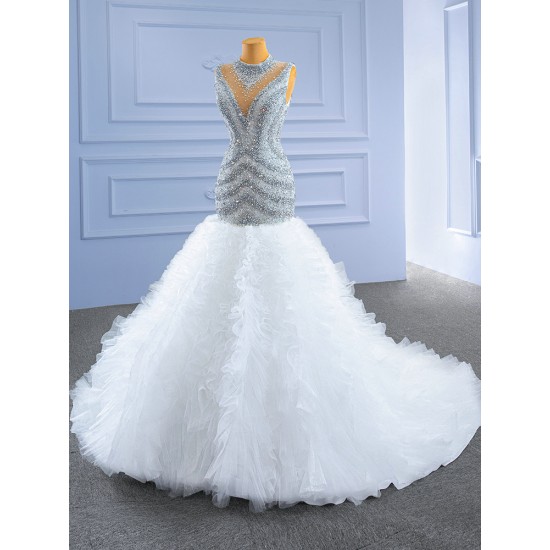 Ruffled Mermaid Bridal Gown High Neck Wedding Dress Crystal Bride Dresses Vestidos De Novia