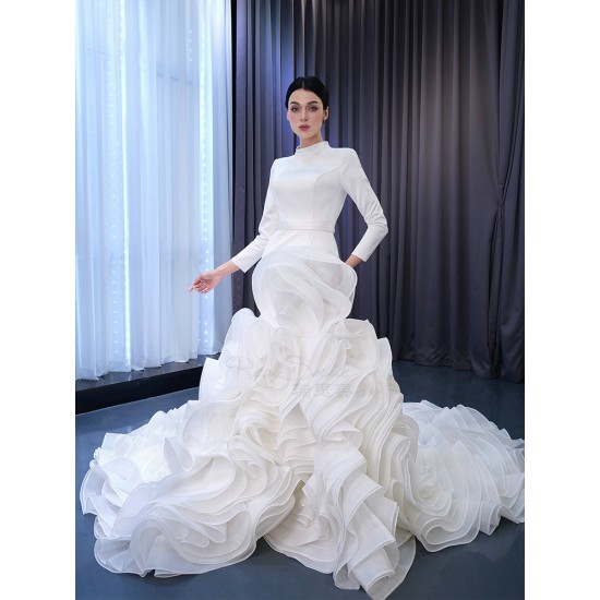 Ruffled Mermaid Wedding Dress Long Sleeves Muslin Bridal Gown Lace High Neck Gown Vestido 2024