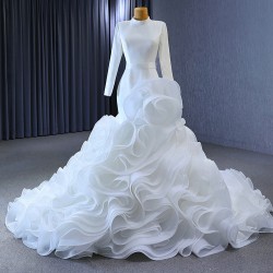 Ruffled Mermaid Wedding Dress Long Sleeves Muslin Bridal Gown Lace High Neck Gown Vestido 2024