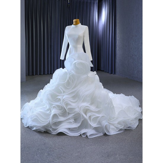 Ruffled Mermaid Wedding Dress Long Sleeves Muslin Bridal Gown Lace High Neck Gown Vestido 2024