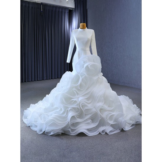 Ruffled Mermaid Wedding Dress Long Sleeves Muslin Bridal Gown Lace High Neck Gown Vestido 2024