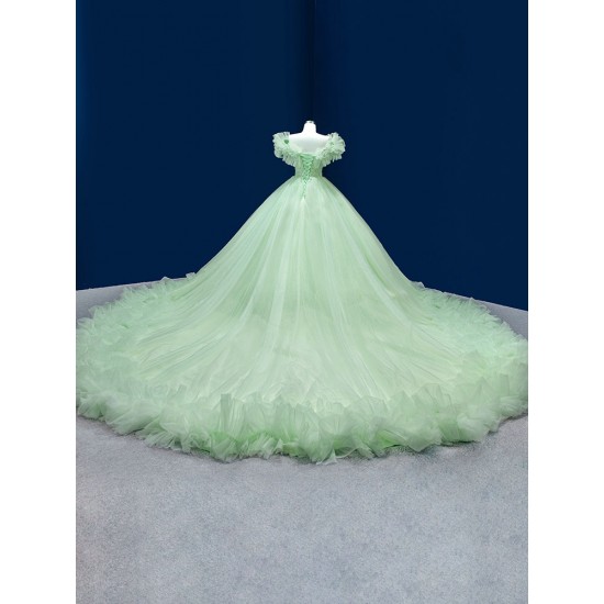 Ruffled Quinceanera Dress Sage Green Evening Dress for Women Long Sweet 15 16 Dresses