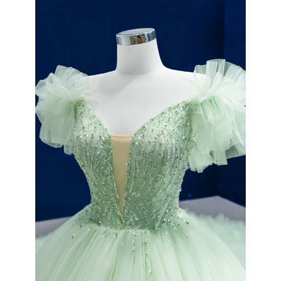 Ruffled Quinceanera Dress Sage Green Evening Dress for Women Long Sweet 15 16 Dresses