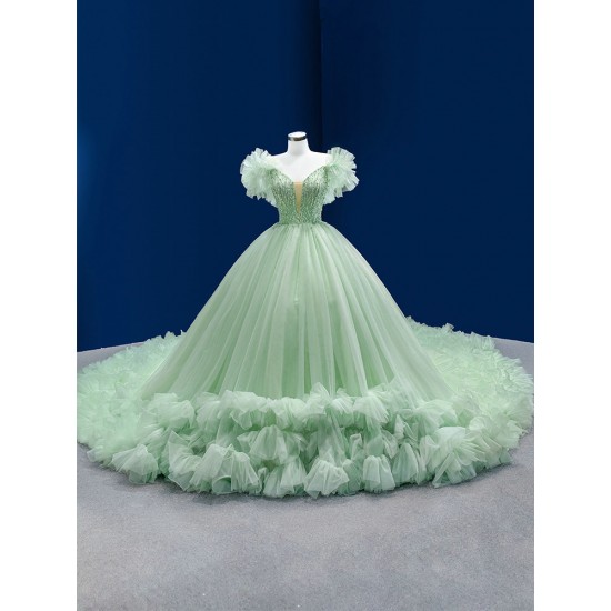 Ruffled Quinceanera Dress Sage Green Evening Dress for Women Long Sweet 15 16 Dresses