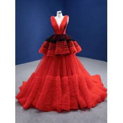 Ruffled Red Evening Dresses 2024 V Neck Mermaid Long Prom Arabic Formal Party Gowns