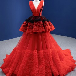 Ruffled Red Evening Dresses 2024 V Neck Mermaid Long Prom Arabic Formal Party Gowns