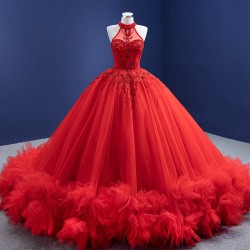 Ruffled Red Evening Dresses for Women Party 2024 Lace Rhinestone Sleeveless Satin Arabic Formal Prom Gowns