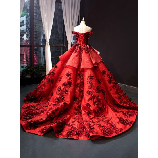 Ruffled Red Quinceanera Dress Off Shoulder Vestidos De 15 Anos 3D Flowers Sweet 15 16 Dresses Robe De Soriee