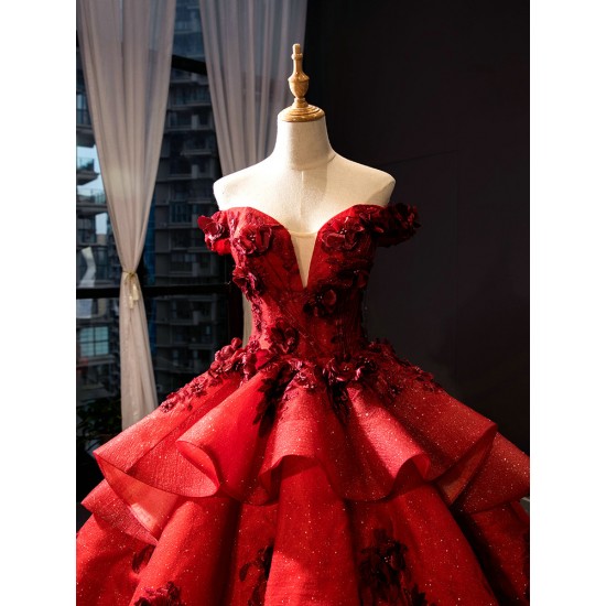 Ruffled Red Quinceanera Dress Off Shoulder Vestidos De 15 Anos 3D Flowers Sweet 15 16 Dresses Robe De Soriee