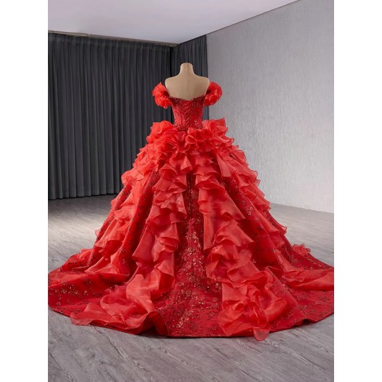 Ruffled Red Quinceanera Dresses Cape Sleeve Princess Dresses Sweetheart Neck Custom Made Prom Gowns