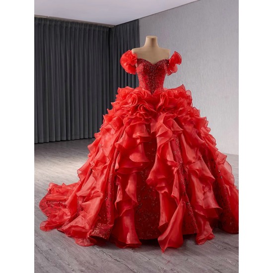 Ruffled Red Quinceanera Dresses Cape Sleeve Princess Dresses Sweetheart Neck Custom Made Prom Gowns