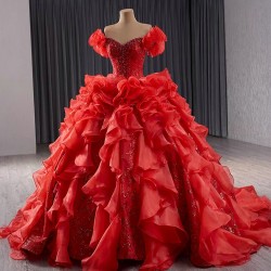 Ruffled Red Quinceanera Dresses Cape Sleeve Princess Dresses Sweetheart Neck Custom Made Prom Gowns