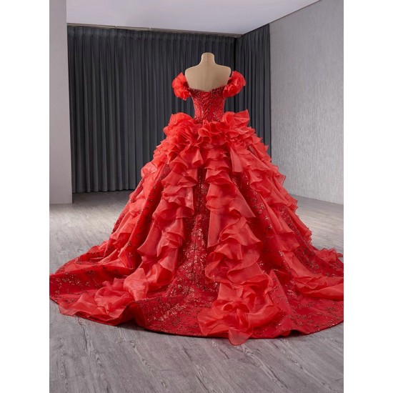 Ruffled Red Quinceanera Dresses Cape Sleeve Princess Dresses Sweetheart Neck Custom Made Prom Gowns