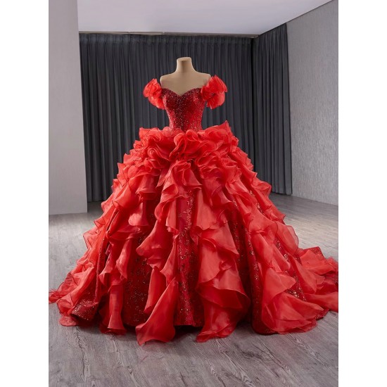 Ruffled Red Quinceanera Dresses Cape Sleeve Princess Dresses Sweetheart Neck Custom Made Prom Gowns