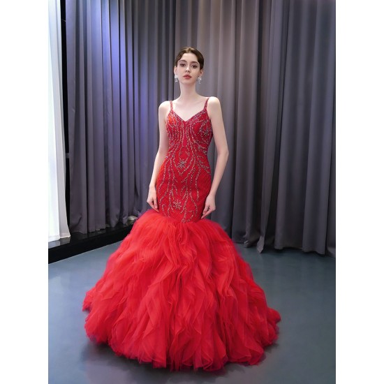 Ruffled Red Women Prom Gowns Spaghetti Strap Backless Formal Party Dress Occasion Evening Dress Customized