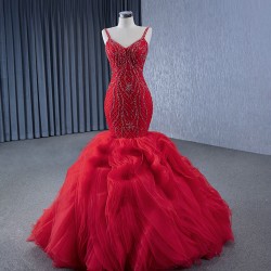 Ruffled Red Women Prom Gowns Spaghetti Strap Backless Formal Party Dress Occasion Evening Dress Customized