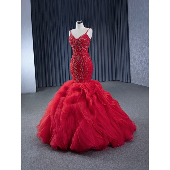 Ruffled Red Women Prom Gowns Spaghetti Strap Backless Formal Party Dress Occasion Evening Dress Customized