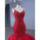 Ruffled Red Women Prom Gowns Spaghetti Strap Backless Formal Party Dress Occasion Evening Dress Customized