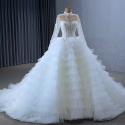 Ruffled Wedding Dress Long Sleeve Bride Gown Beading Crystal Princess Bride Gown Vestido De Noiva