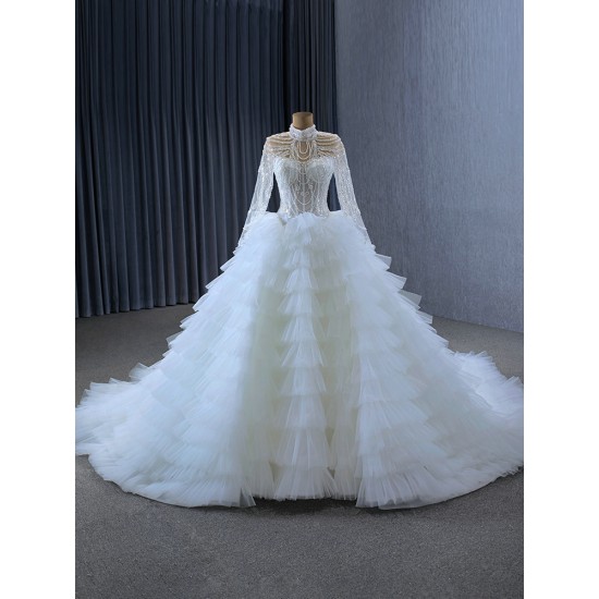 Ruffled Wedding Dress Long Sleeve Bride Gown Beading Crystal Princess Bride Gown Vestido De Noiva