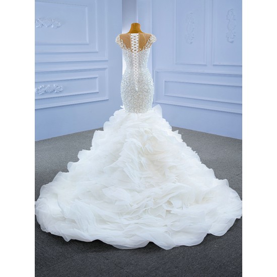 Ruffled White Mermaid Wedding Dress Elegant Cape Sleeve Backless Bridal Gowns