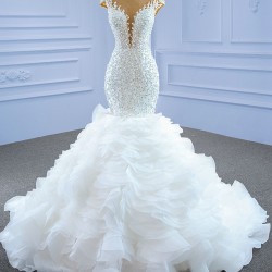 Ruffled White Mermaid Wedding Dress Elegant Cape Sleeve Backless Bridal Gowns