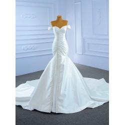 Satin Mermaid Wedding Dress Sexy Backless Lace Up Pearl Off Shoulder Bride Gown