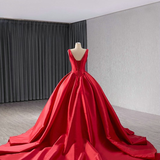 Satin Red Prom Dresses Pleated Sleeveless Women Formal Party Gowns V Neck Evening Dress