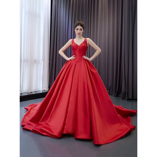 Satin Red Prom Dresses Pleated Sleeveless Women Formal Party Gowns V Neck Evening Dress