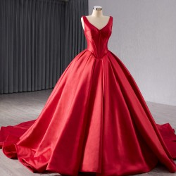 Satin Red Prom Dresses Pleated Sleeveless Women Formal Party Gowns V Neck Evening Dress