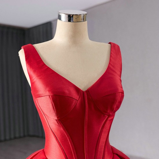 Satin Red Prom Dresses Pleated Sleeveless Women Formal Party Gowns V Neck Evening Dress