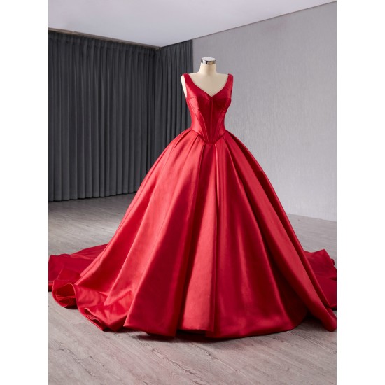 Satin Red Prom Dresses Pleated Sleeveless Women Formal Party Gowns V Neck Evening Dress