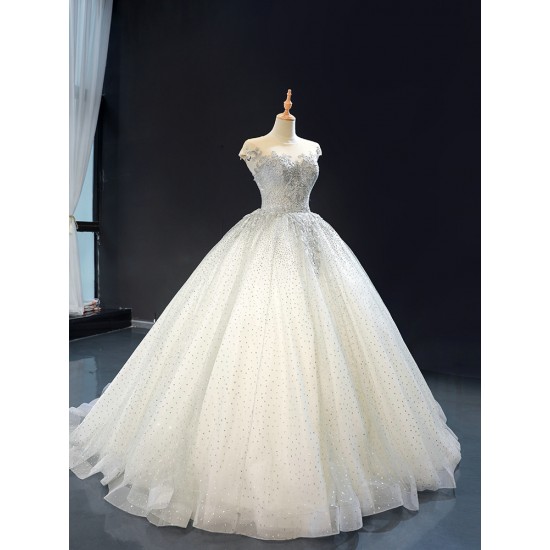 Scoop Neck Pearl Bride Dresses Ball Gown Wedding Dress Cape Sleeve Custom Bridal Gowns