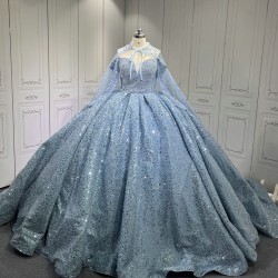 Sea Blue Quinceanera Gown Long Sleeve Vestidos De 15 Anos Custom Made Sweet 15 Gowns With Cape