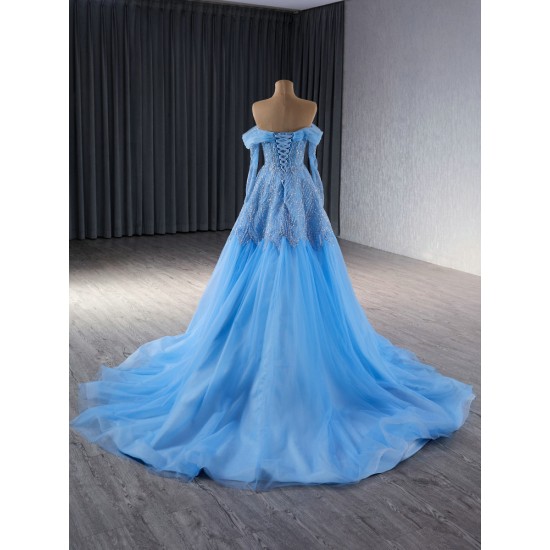 Sequin Evening Dress Blue Prom Dresses Women Long Sleeves Sweetheart Neck Party Gowns