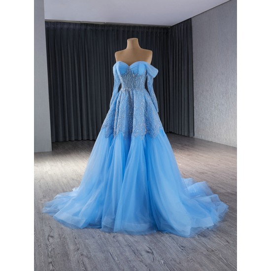 Sequin Evening Dress Blue Prom Dresses Women Long Sleeves Sweetheart Neck Party Gowns