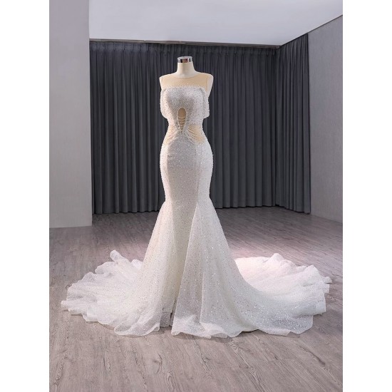 Sequin Mermaid Wedding Dresses Sweetheart Off Shoulder Sweep Train Bridal Gown Plus Size