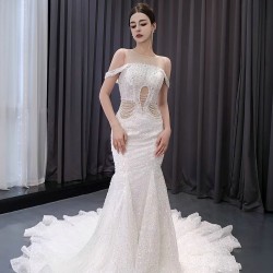 Sequin Mermaid Wedding Dresses Sweetheart Off Shoulder Sweep Train Bridal Gown Plus Size